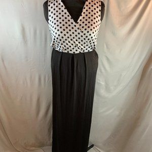 Black &White Polka Dot Tie-Back Side-Slit Sleeveless Maxi Dress Size LG